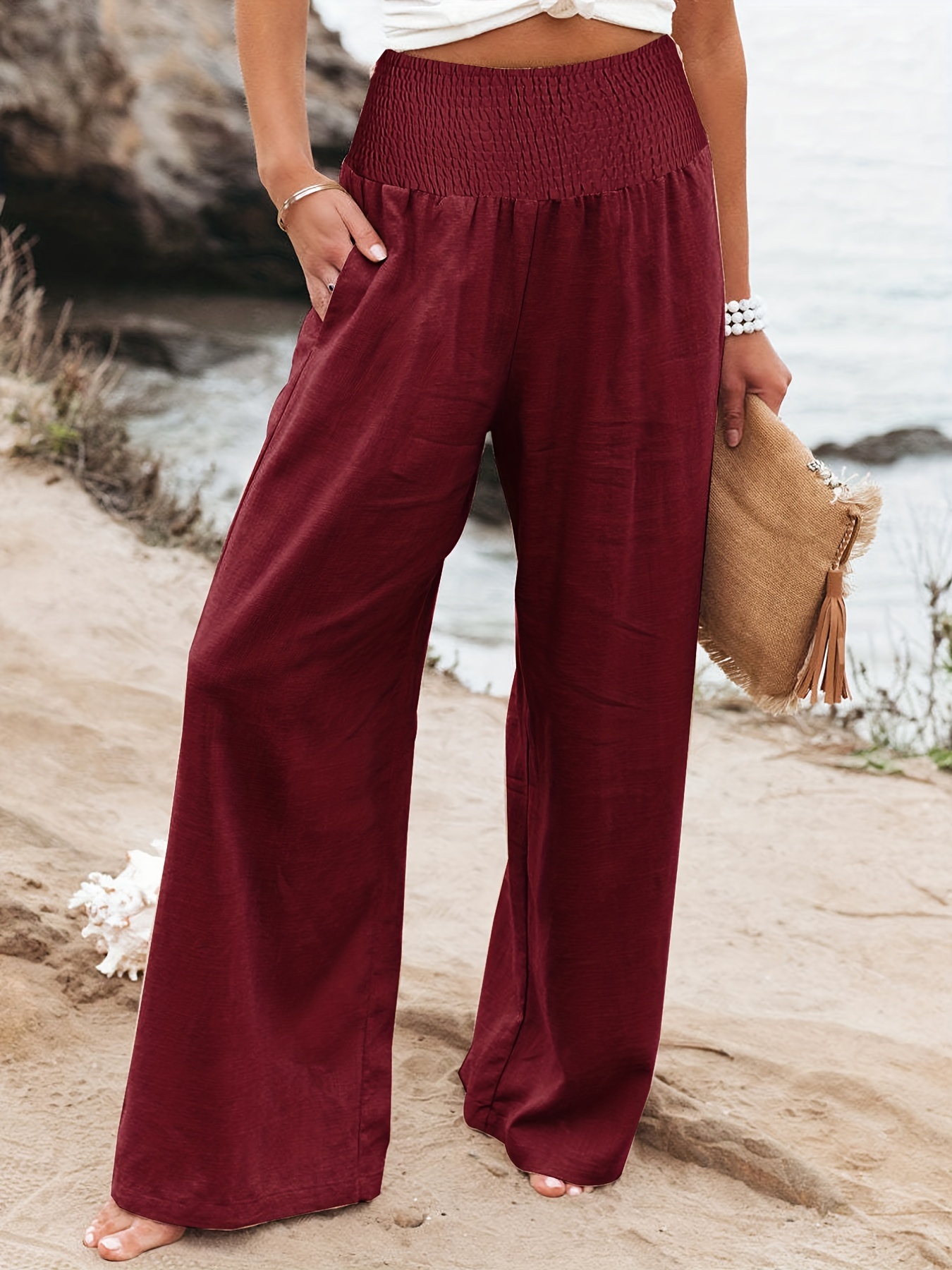 plus size casual pants womens plus plain shirred waist high rise ruched wide leg pants with pockets details 6