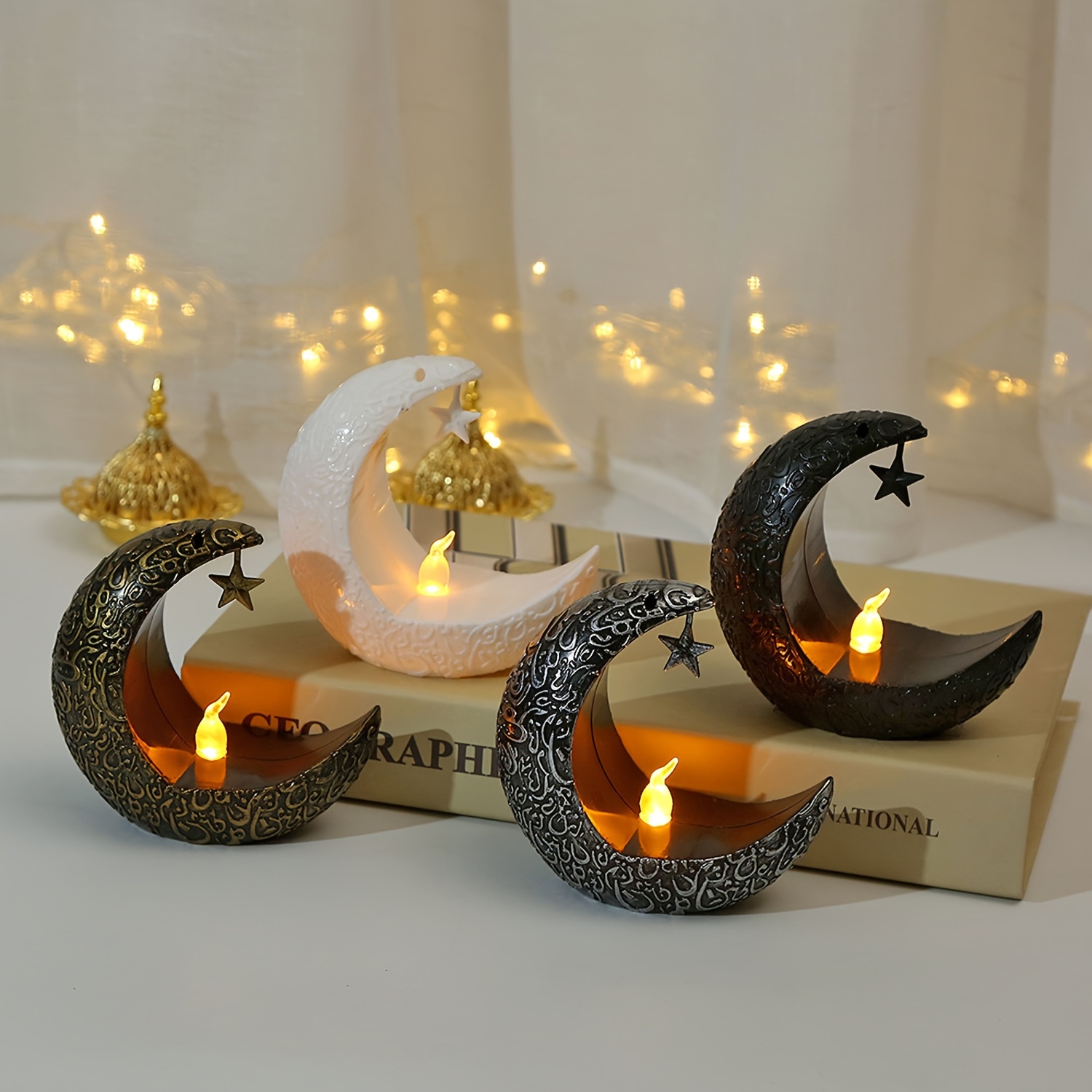 Lampe de lune Lumières du Ramadan, Lampe de table suspendue Lumière de nuit  du Ramadan Led Lune Star, Lampe de Croissant de Lune du Ramadan en fer,  Décor de l'Aïd