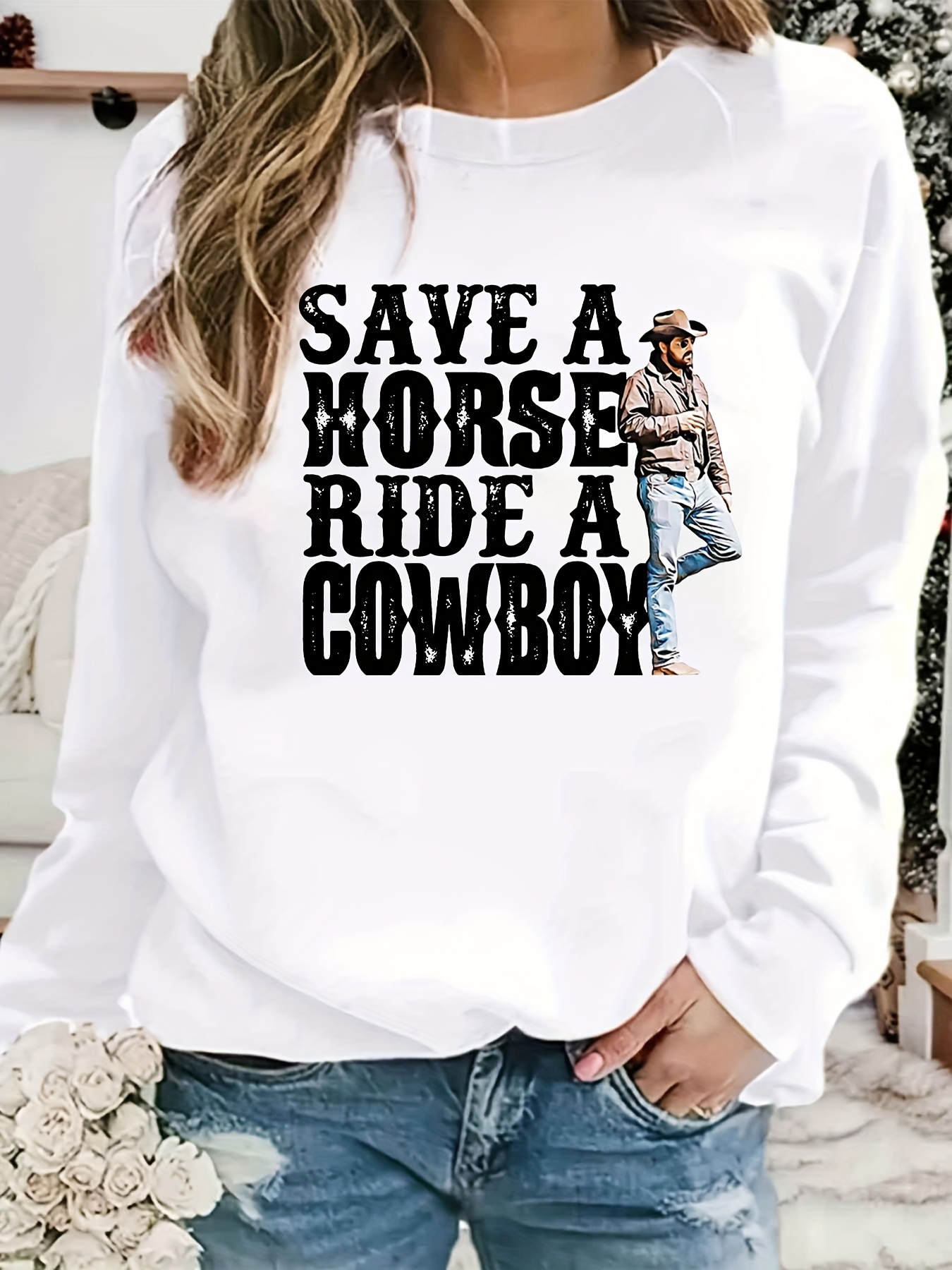 Cowboy Print Loose Sweatshirt, Casual Long Sleeve Crew Neck Sweatshirt,  Women's Clothing - Temu