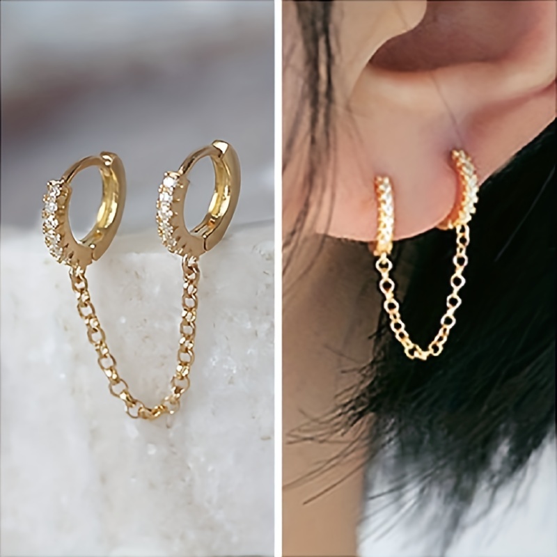 Delicate Long Chain Earrings with Zirconia Inlay