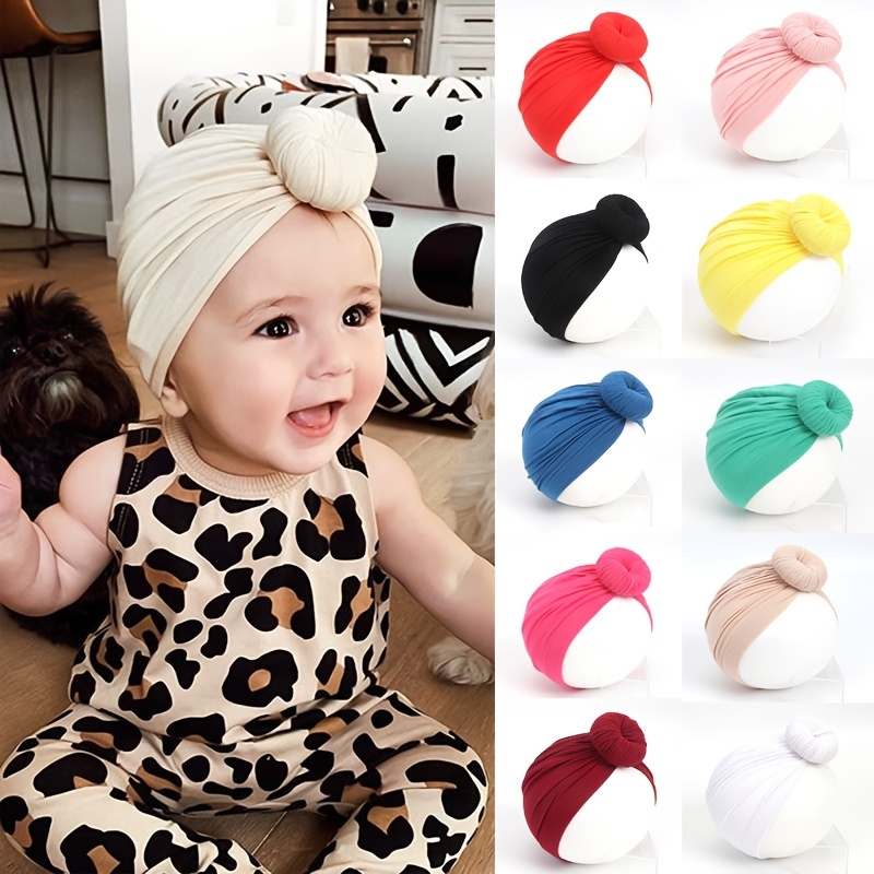 Gorros turbantes para bebé, turbante con nudo de moño, gorro para bebé  niña, suave y lindo gorro para niños pequeños (paquete de 5) color sólido