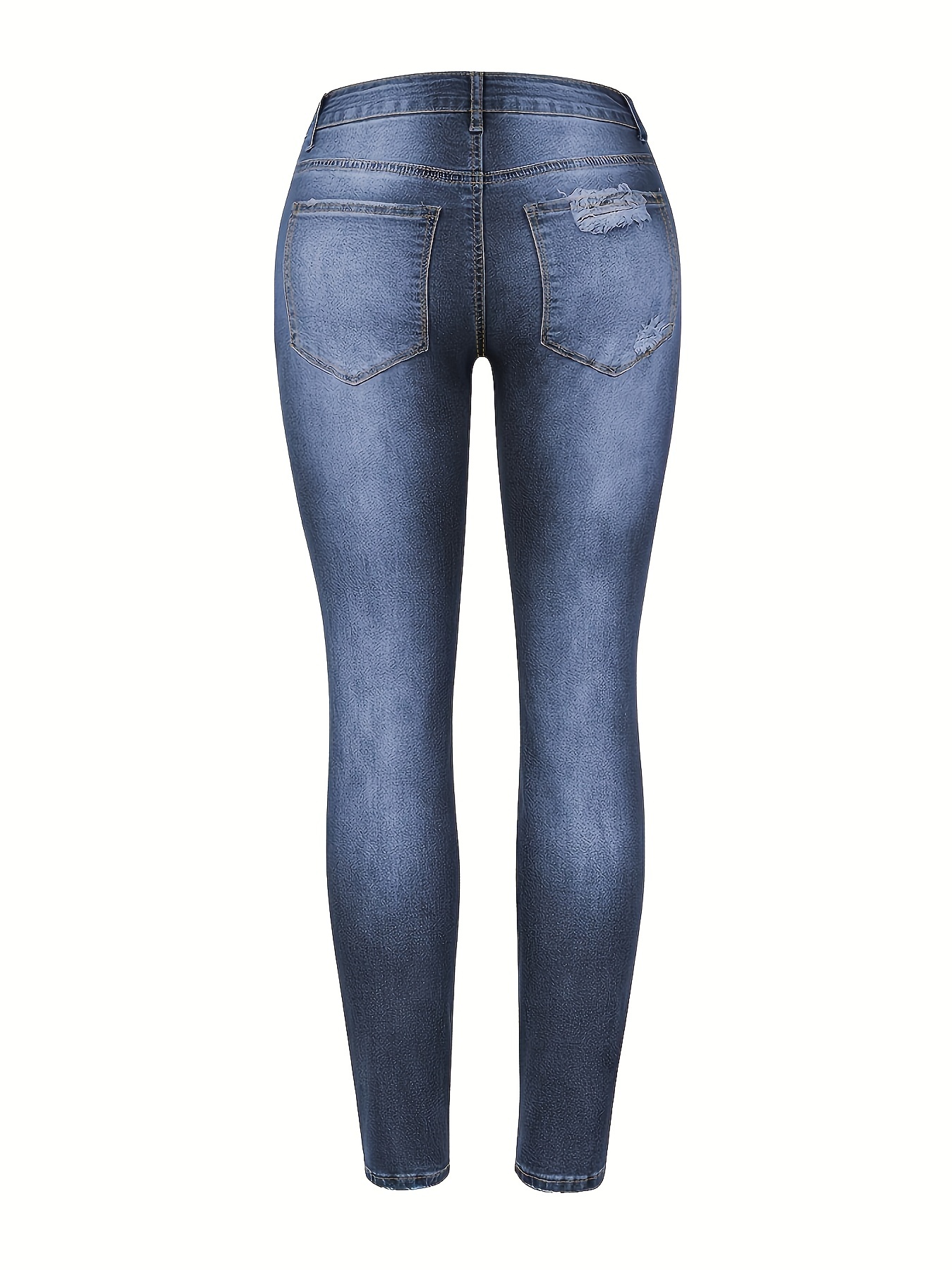 Stretchy Whiskering Skinny Jeans Medium Blue High Slash - Temu Philippines