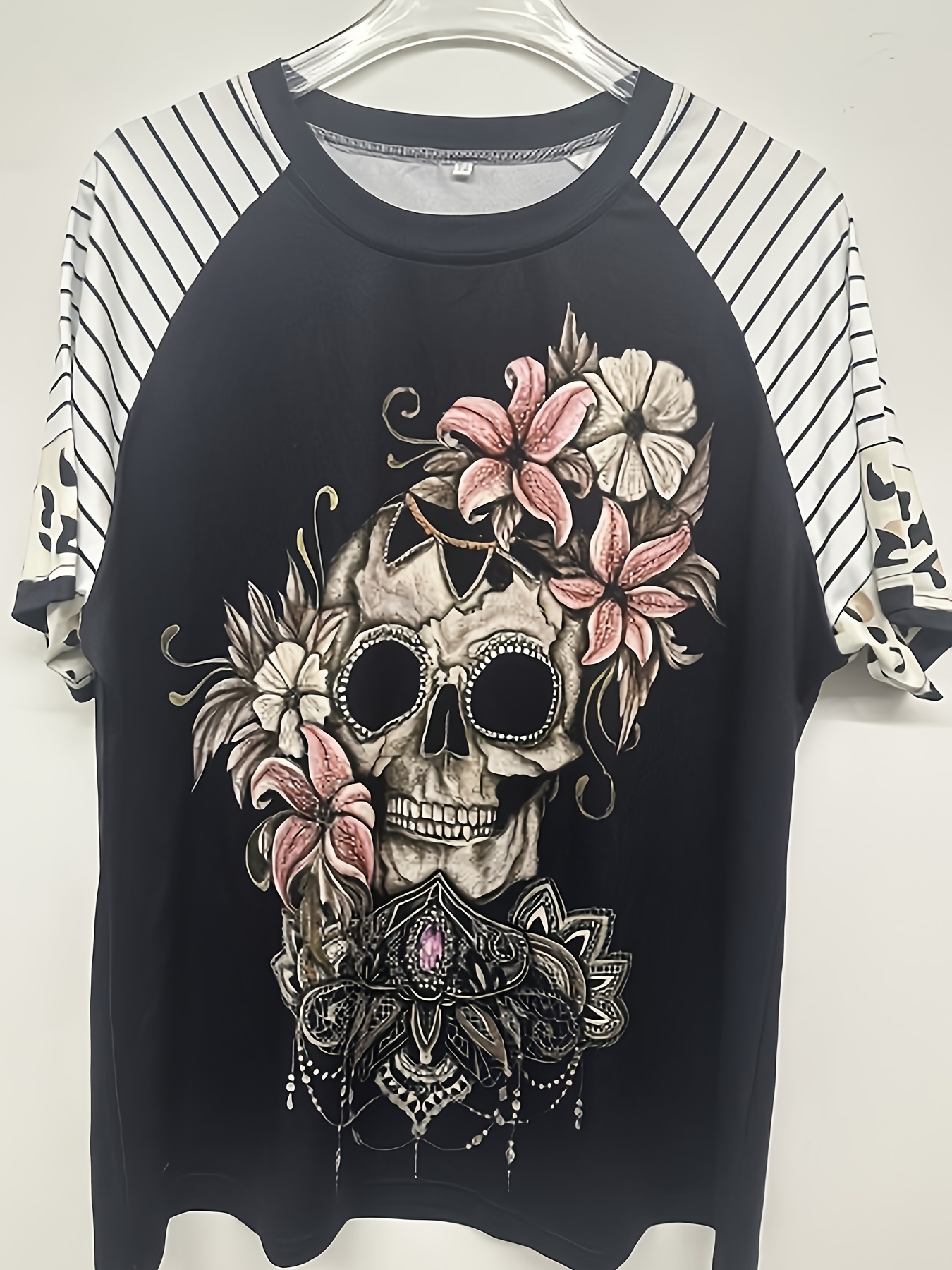 Plus Size Goth T-shirt, Women's Plus Skull & Floral & Stripe & Leopard  Print Short Sleeve Round Neck T-shirt