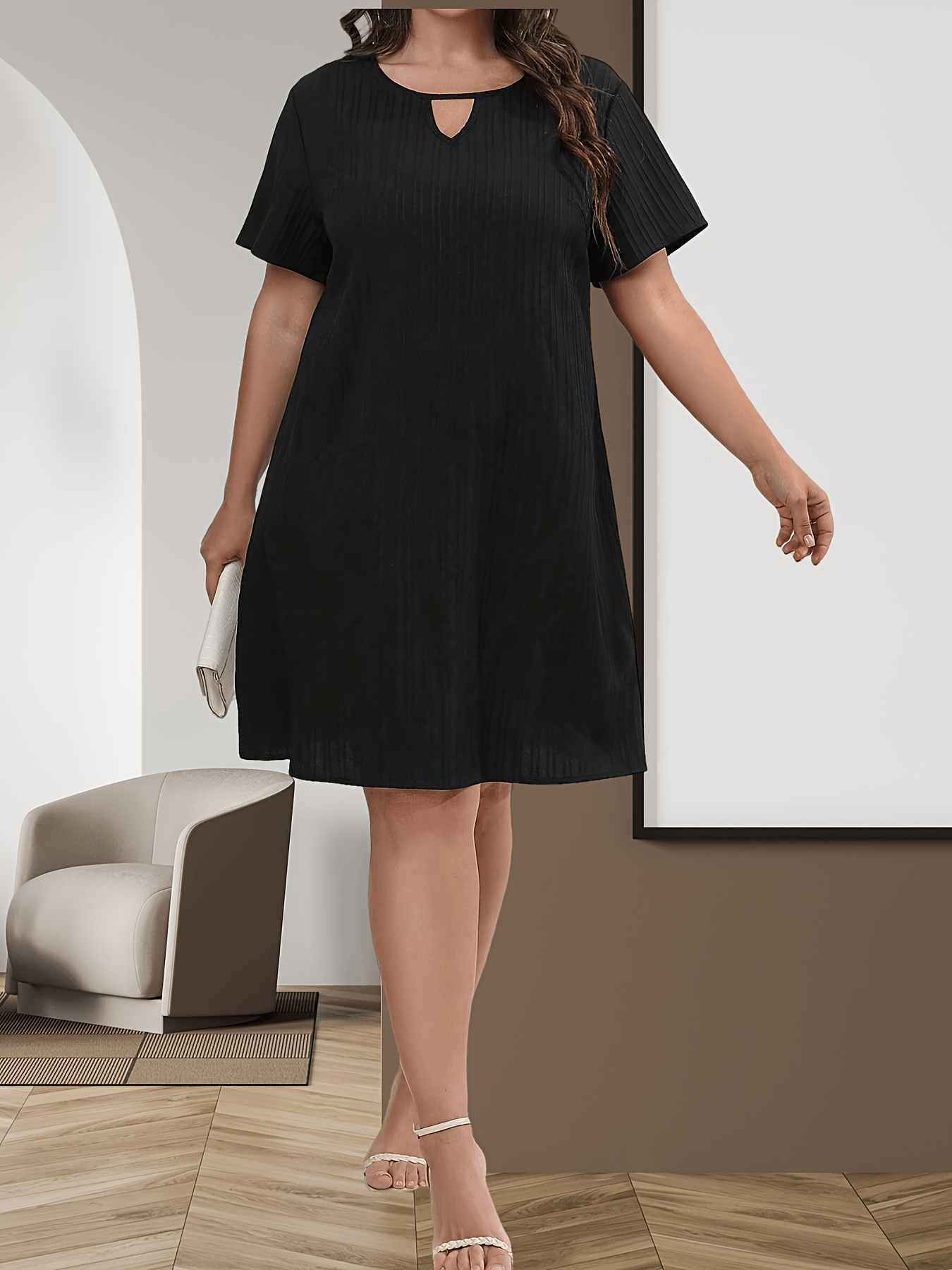 Plus Size Casual Dress, Women's Plus Solid Cut Out Short Sleeve Round Neck  Dress