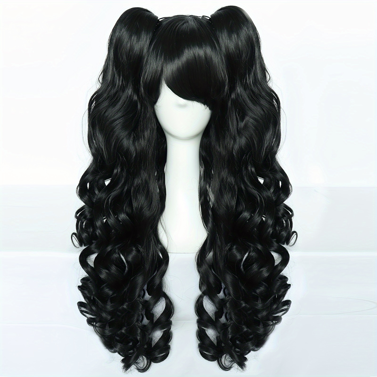 

Black Long Curly Wigs With 2 Curly Ponytails 22inch Long Synthetic Wavy Wigs With Bangs For Cosplay Costume For Halloween Party Christmas School & 1pc Wig Cap