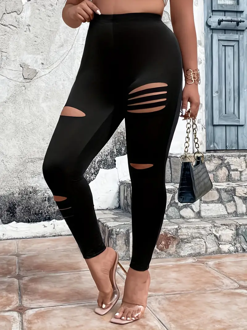 Plus Size Casual Pants, Women's Plus Solid Ripped Elastic High * High  Stretch Leggings