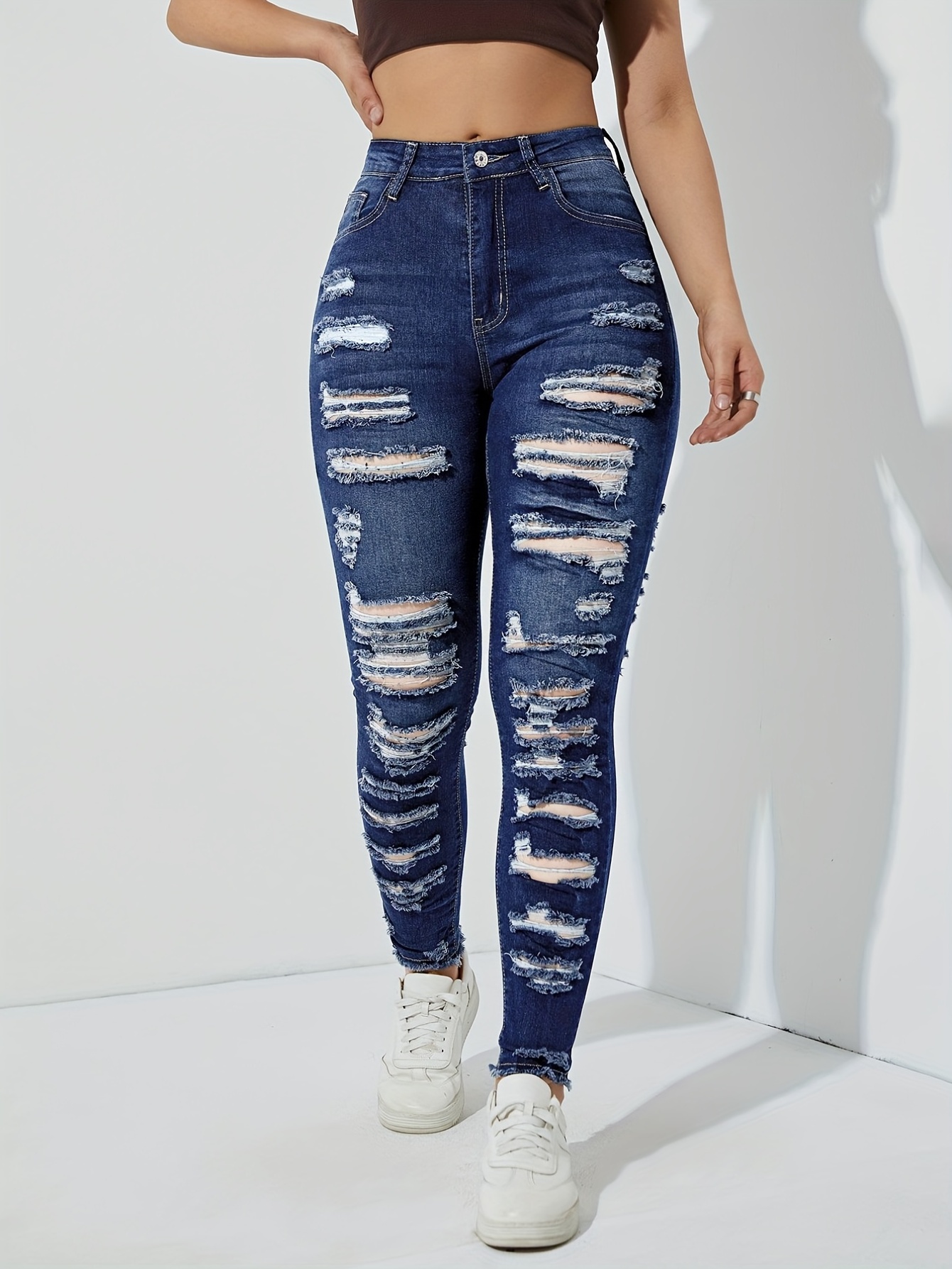 Ripped High Skinny Jeans Light Washed Blue Stretchy - Temu