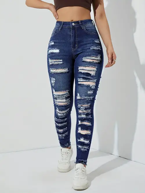High Waisted Jeans for Women High Elasticity Stylish Ripped Denim Pants Raw  Hem & Frayed Wash Cuffed Straight Jean Blue at  Women's Jeans store
