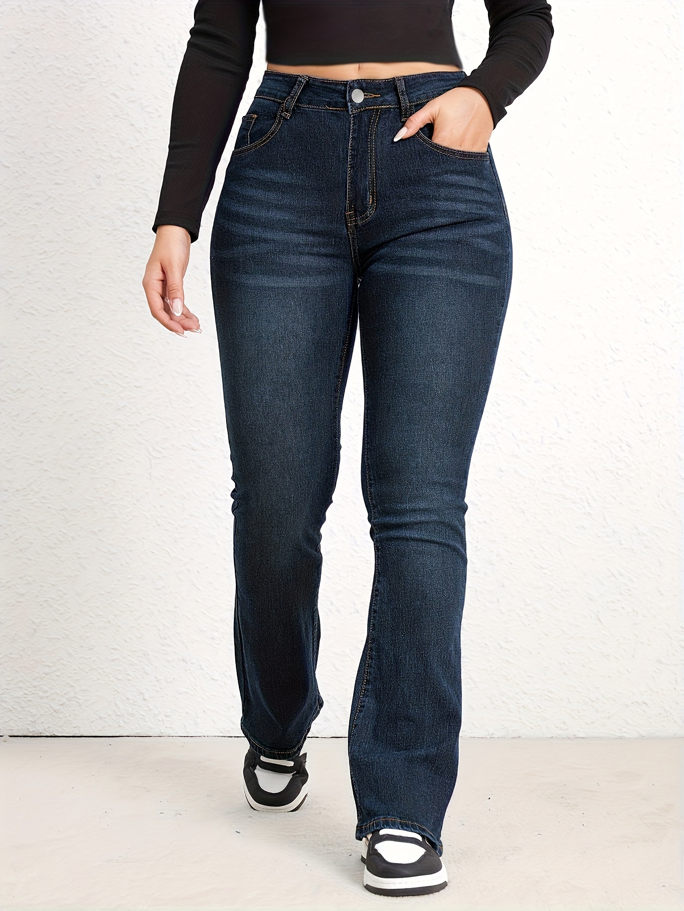 Dark Blue V Cut Flare Jeans, Layered Water Ripped Embossed Casual Bell  Bottom Jeans, Women's Denim Jeans & Clothing