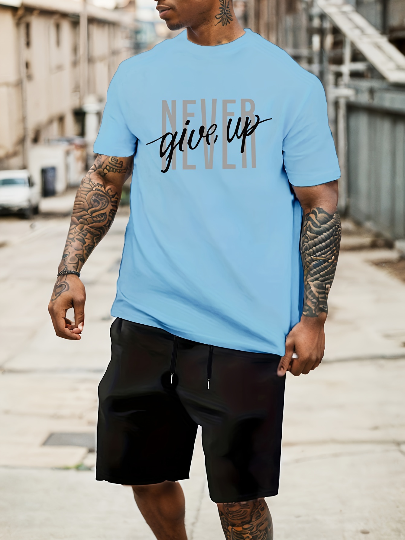 Men's Fashion Never Give Up Letter Print Loungewear Set, Short