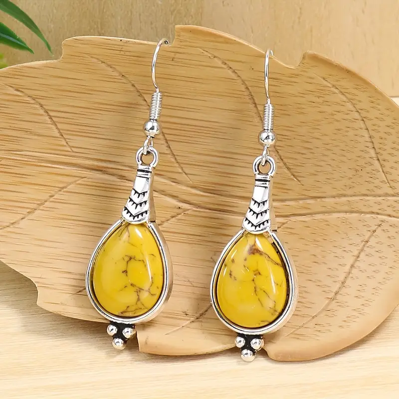 1 pair of earrings 1 necklace boho style jewelry set inlaid natural stone in waterdrop shape match daily outfits party accessories details 4