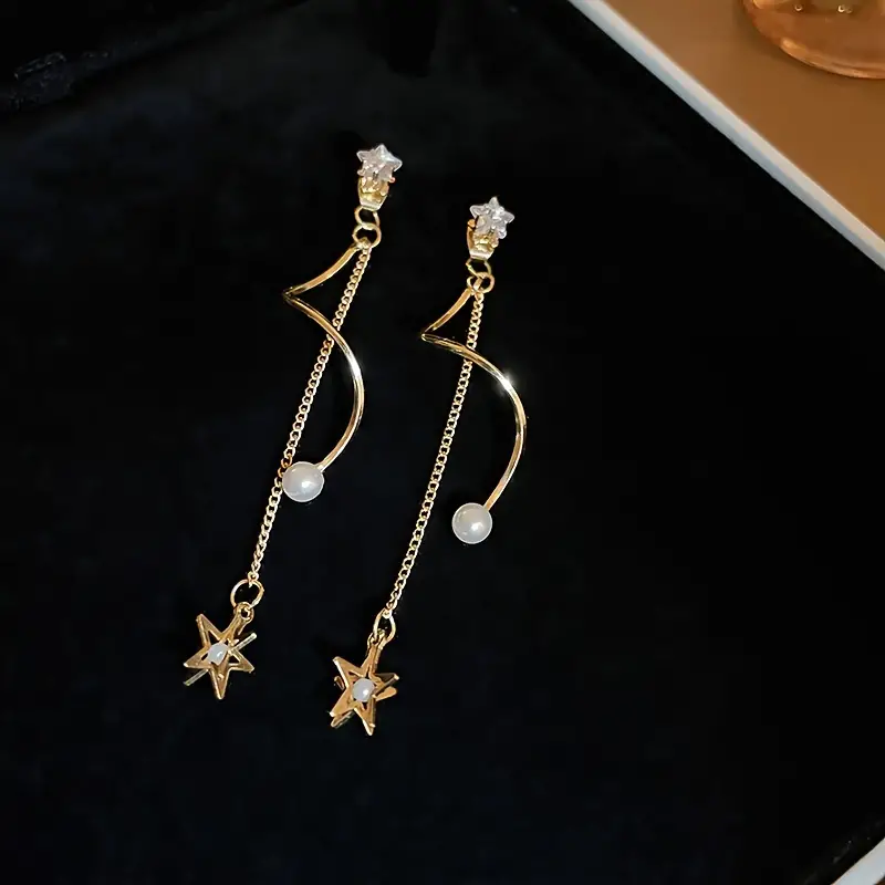 womens zircon faux pearl star tassel earrings jewelry gift details 4