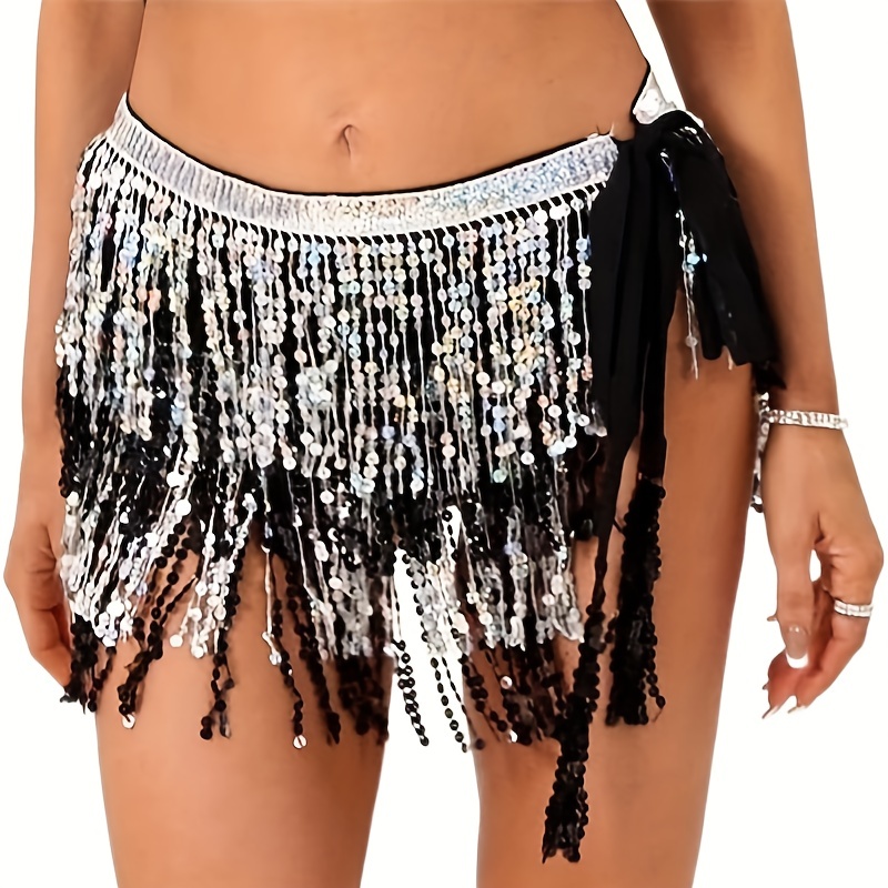 YouYuer Foulard Danse Orientale,2PCS Jupe Danse Orientale,Jupe de Rave à  Paillettes pour Danse du Ventre,Hanche,écharpe,Franges, UPE Costume Rave  pour Femmes et Filles : : Mode