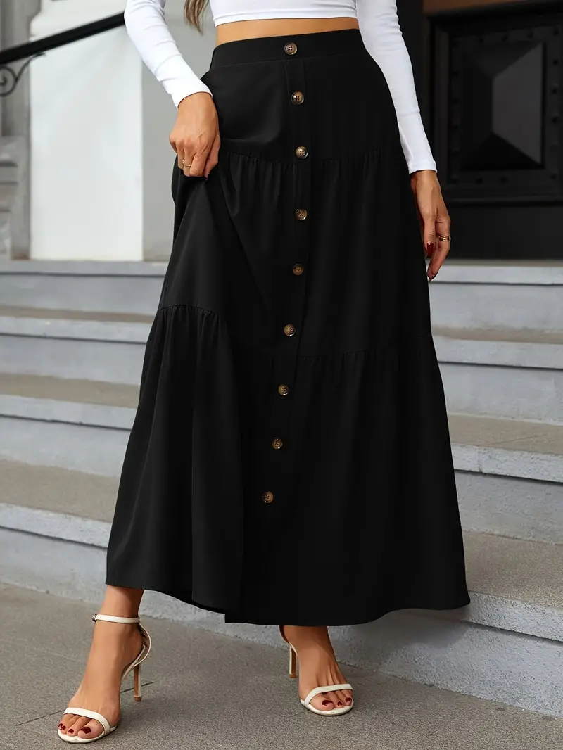 high waist tiered skirts casual solid button front maxi skirts womens clothing details 4