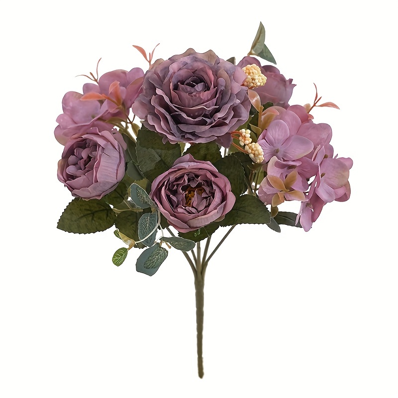 12 Heads Black Peony Hydrangea Rose Artificial Flower Bouquet Home