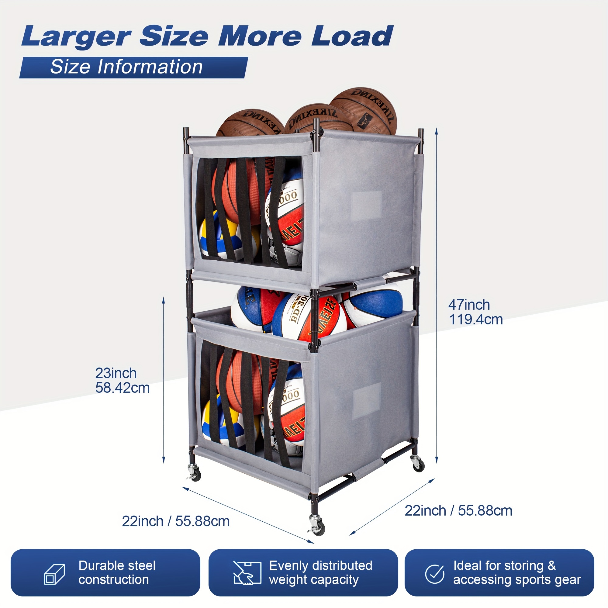 Large Capacity Sports Ball Storage Cart With Wheels, Lockable Ball  Organizer Basket With Elastic Straps, Stackable Ball Cage For Garage  Storage, Gym,