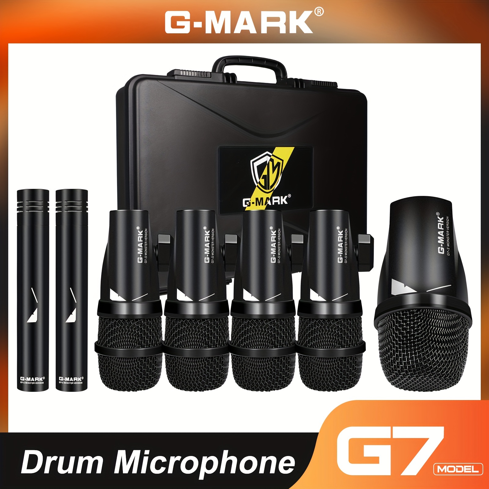 Microphone d'instrument G-MARK GDM8 Kit de micro de batterie filaire 7  pièces Dynamique Kick Bass Tom/Snare Cymbals Utilisation pour batterie  Vocal