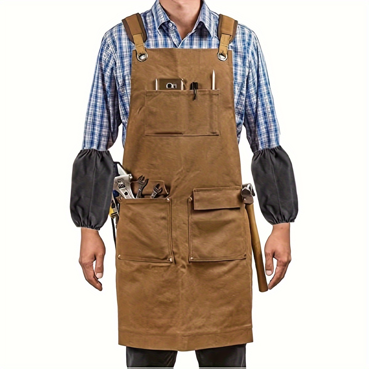 GOXAWEE 作業エプロン 男性用 ポケット付き 高耐久 ワックスキャンバス 木工エプロン - 防水 耐久性 調節可能なショルダーストラップ  大工、機械工、アーティスト用 1個
