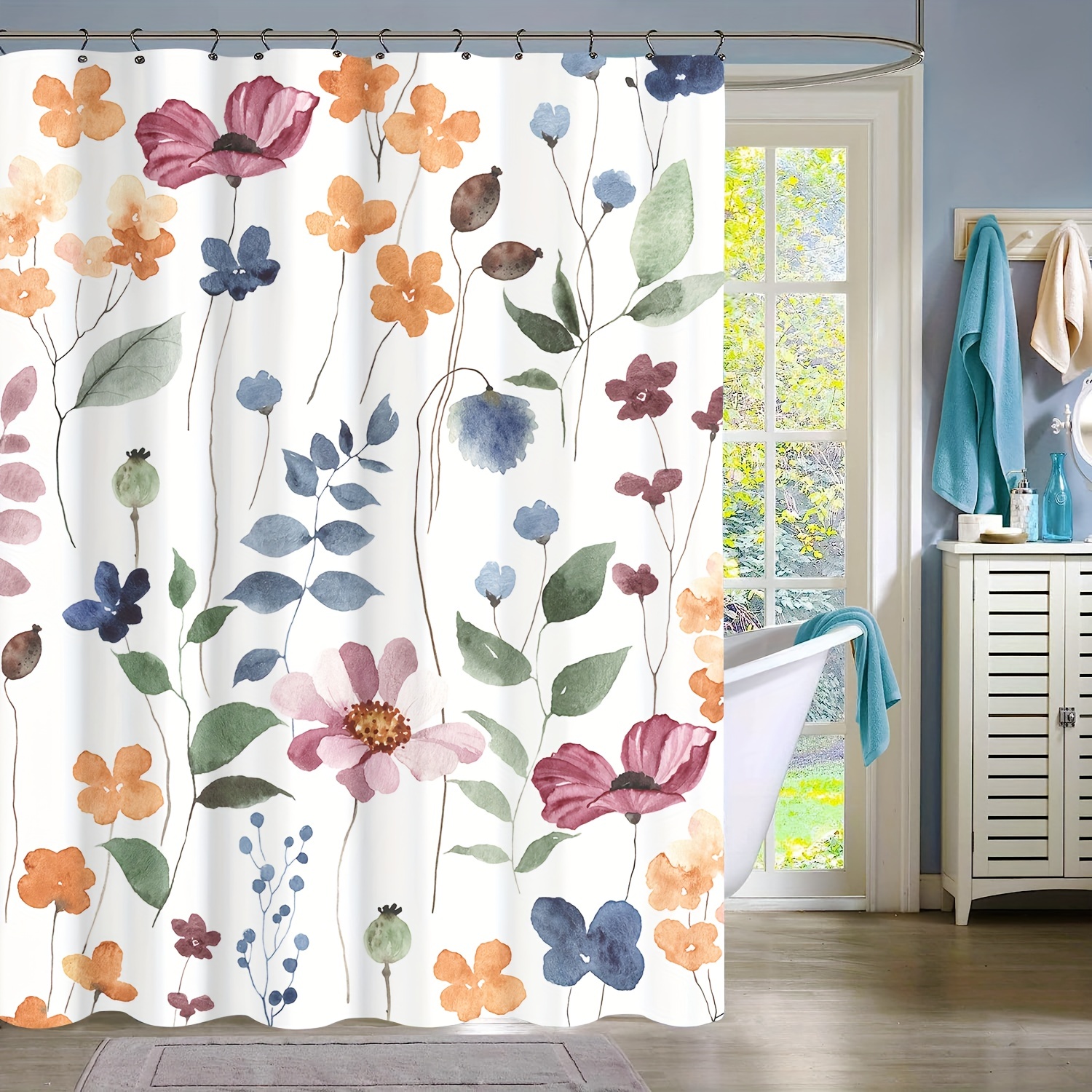 Shower Curtain Waterproof Floral 12 Hooks Multi color - Temu