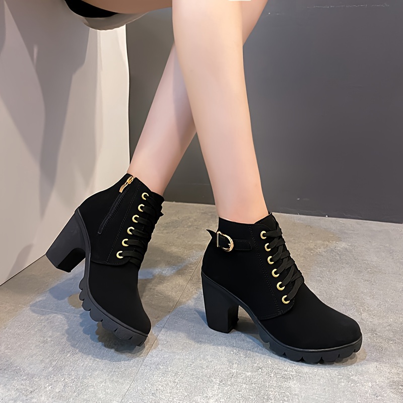 Women s Chunky Heeled Booties Solid Color Lace Side Zipper