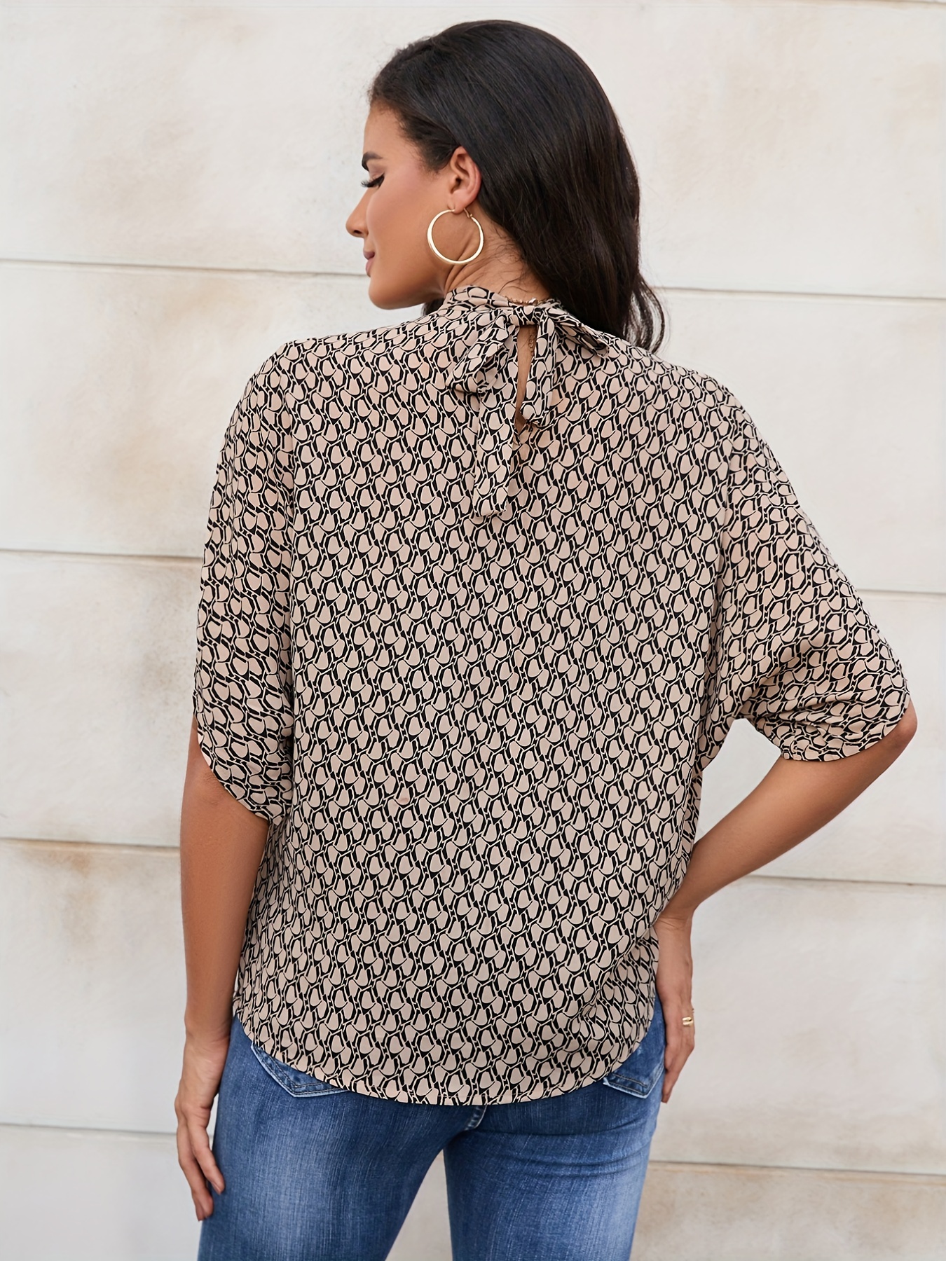 Full Printed High Neck Blouse Casual Short Sleeve Tie Back - Temu