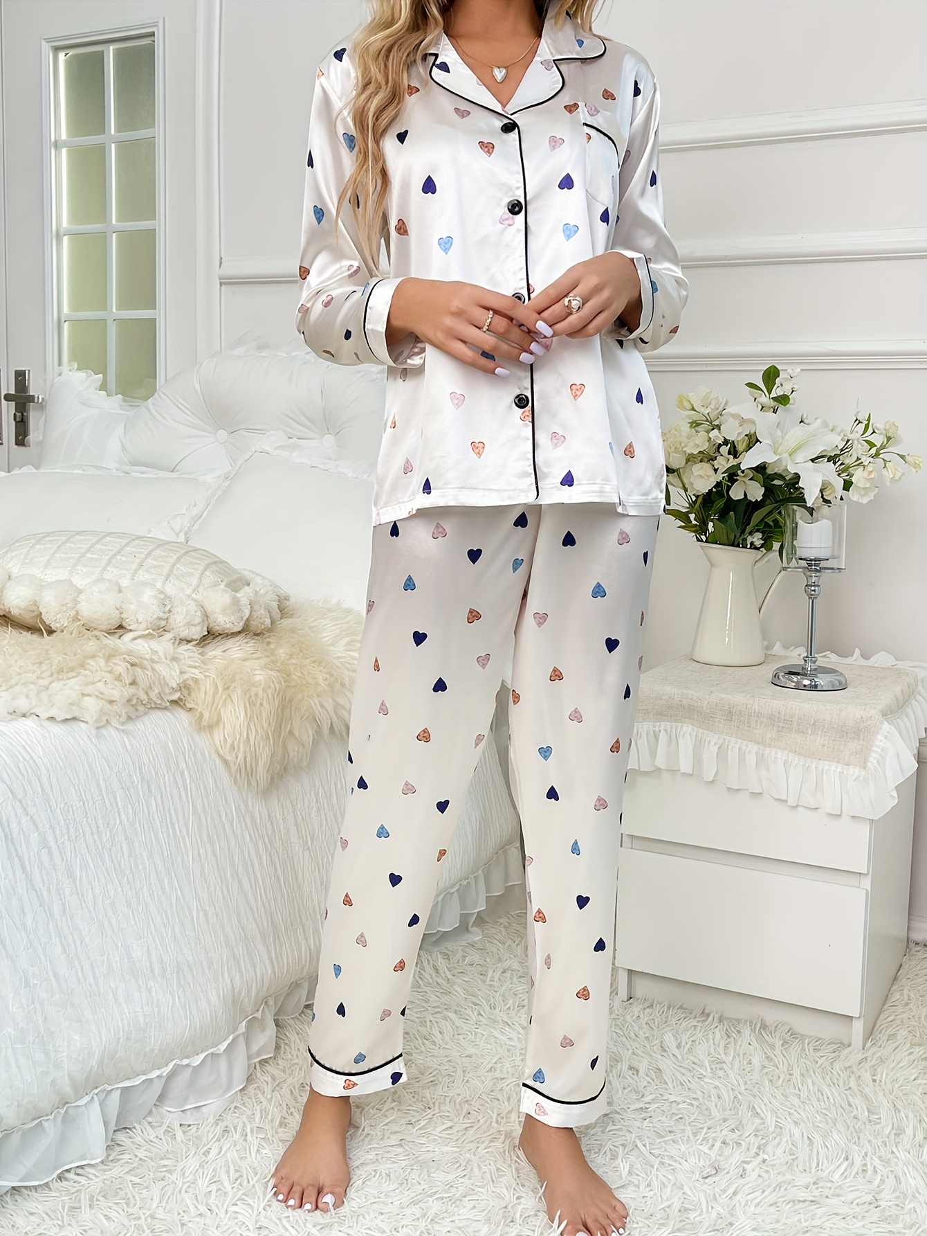 Heart Print Satin Pajamas Set Long Sleeve Buttons Top - Temu Canada
