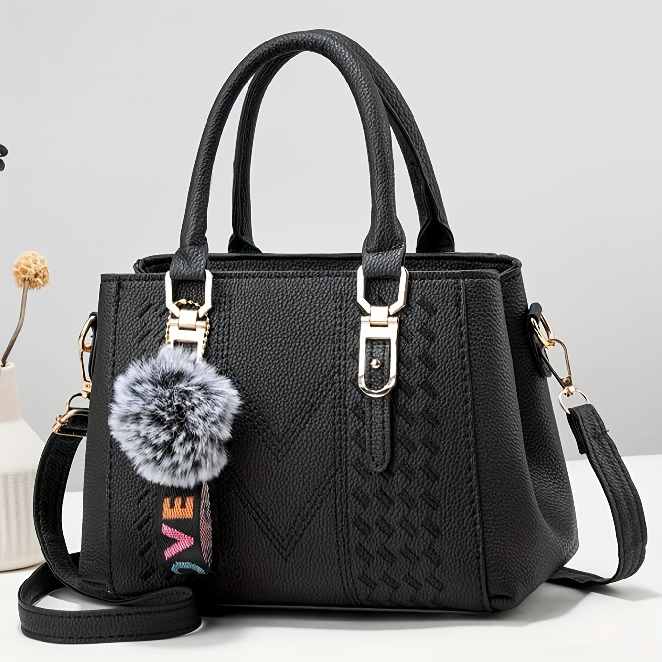 

Elegant Women's Fashion Tote Bag With Pom-pom Charm, Embroidered Faux Leather Handbag, Multi-layer Design, Shoulder & Crossbody Purse For Date And Party