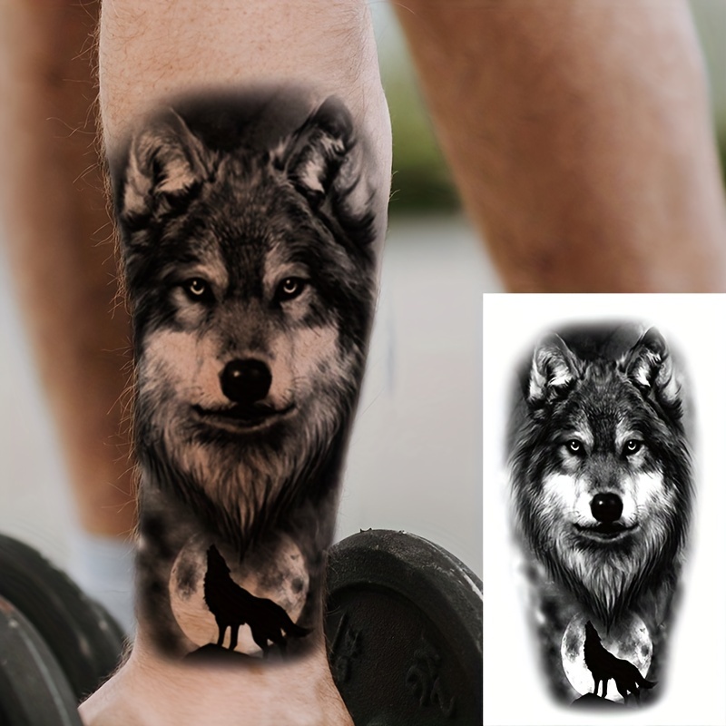 Black and gray realistic portrait eagle wolf leg sleeve tattoo tattoo