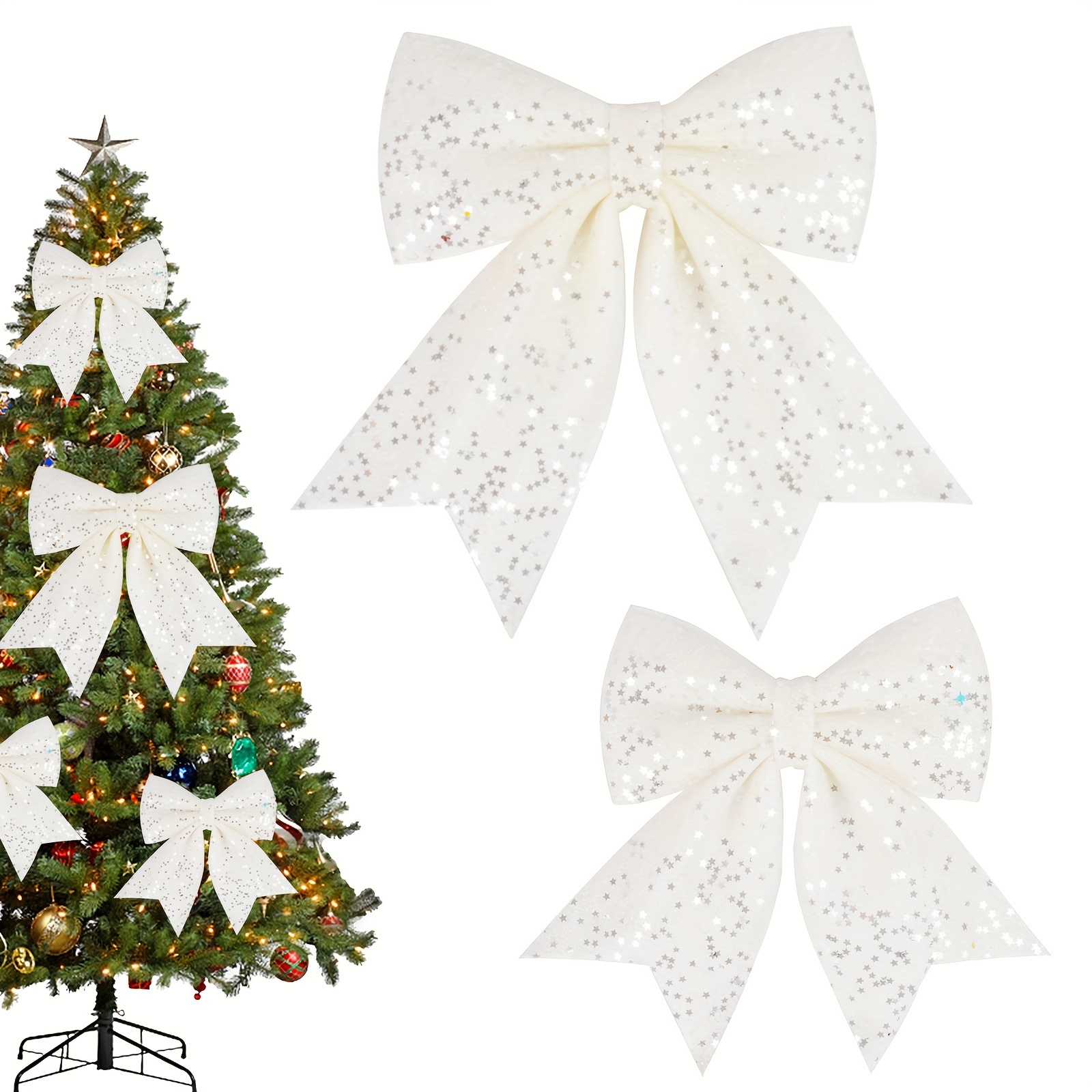 MEEDEE White Christmas Tree Topper White Glitter Christmas Bows 12 Wide  Velvet Christmas Bows White Christmas Bows White Bows for Christmas Tree