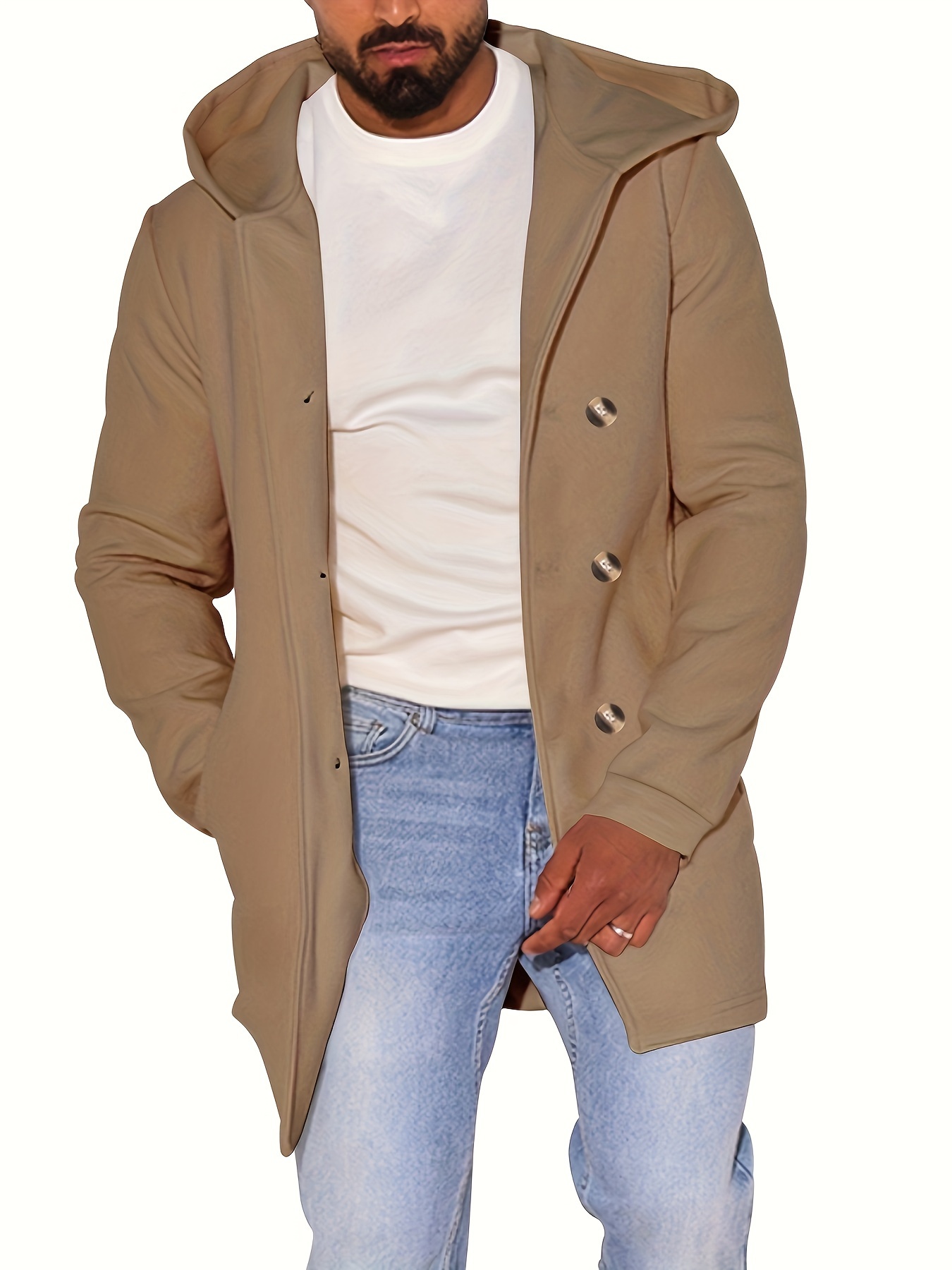 Men's Solid Button Hooded Jacket Thick Thermal Comfy Jacket
