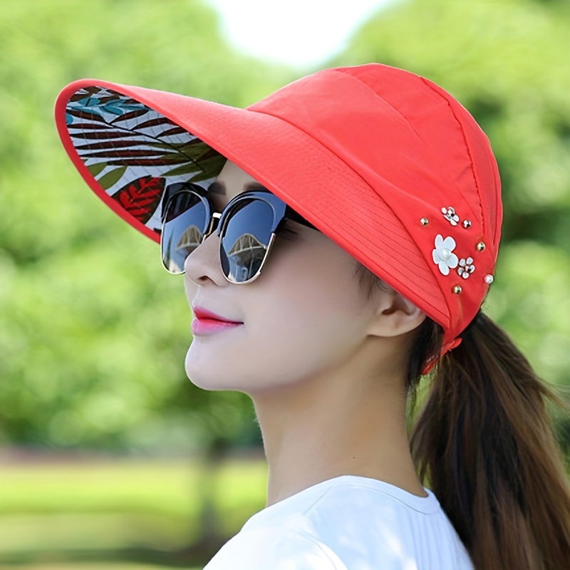 Stylish Ponytail Sun Visor Hat Beaded Flower Decor Lightweight Sun Hat