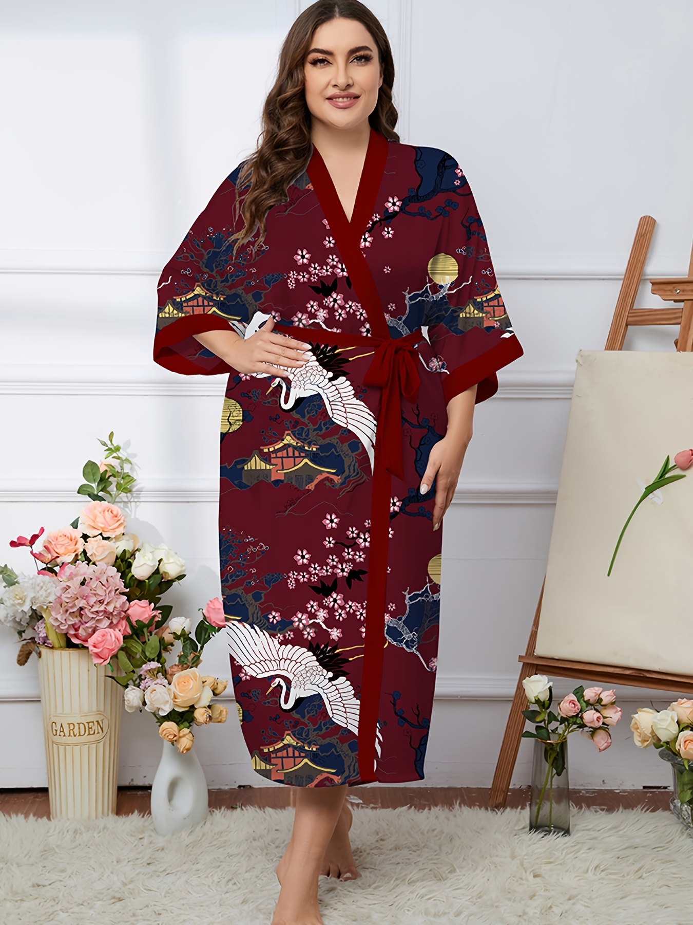 Plus Size Casual Robe Women's Plus Crane Print Belted V Neck Smoothing ...