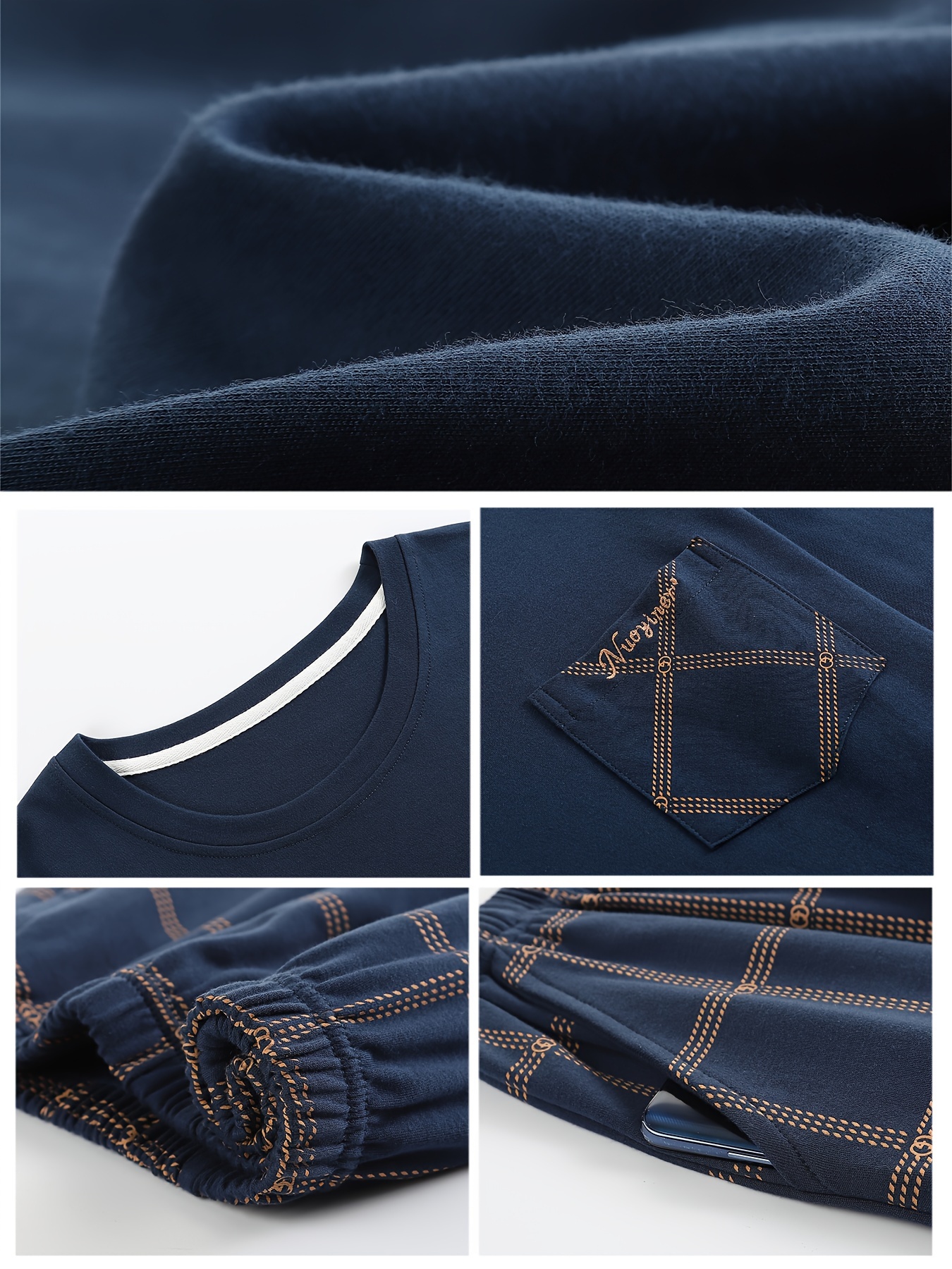 Men's Simple Style Cotton Casual Pajamas Thin Sets, Solid Long Sleeve Crew Neck With Chest Pocket Top & Loose Checkered Pants Lounge Wear, Outdoor Sets For Spring Autumn