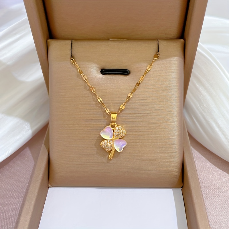 18k Gold-Plated Clover Jewelry Sets, 4Pcs Titanium Steel Ring Necklace  Bracelet Earrings Pendants for Women Cute Simple Fashion Jewelry Women