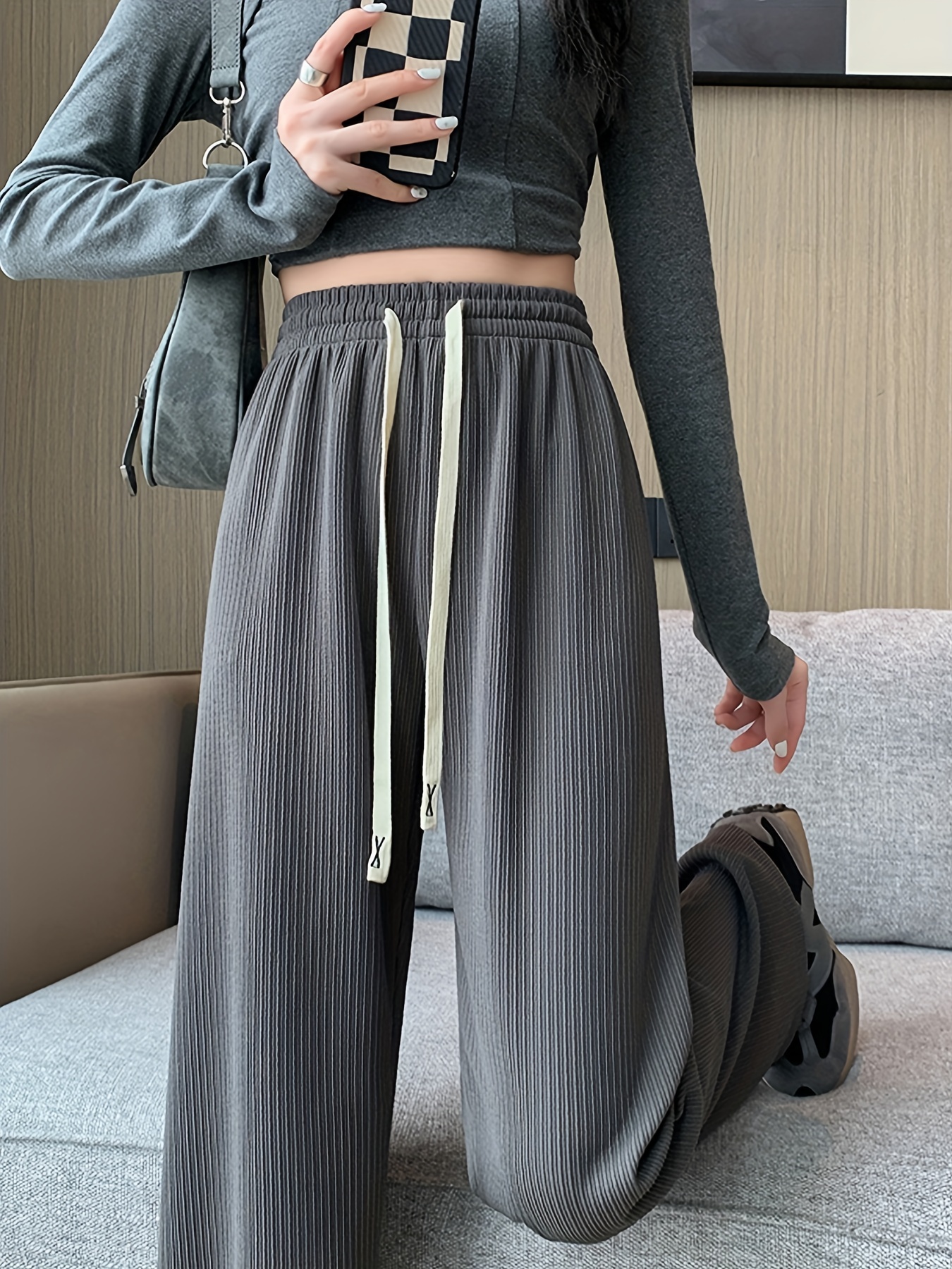 Drawstring Knitted Straight Pants Casual Elastic Solid High - Temu Canada