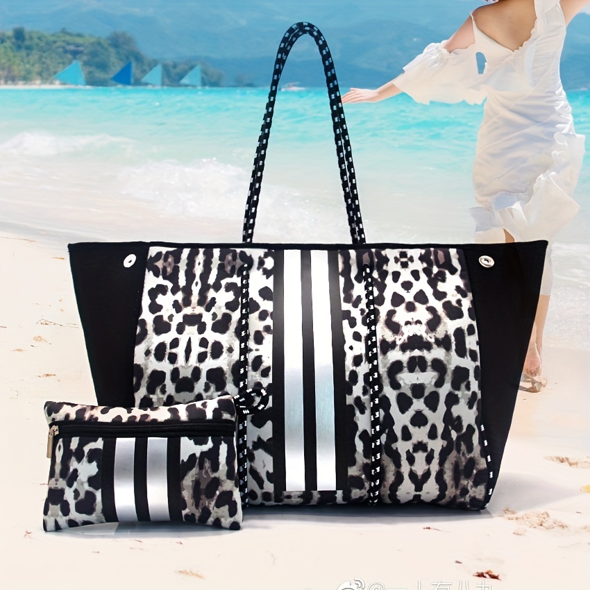 Neoprene Outdoor Travel Tote Bag, Handbag, Leopard Pattern Shoulder Bag, Waterproof Summer Beach Bag with Coin Purse, Striped, 25.99,15 #,SUN/UV
