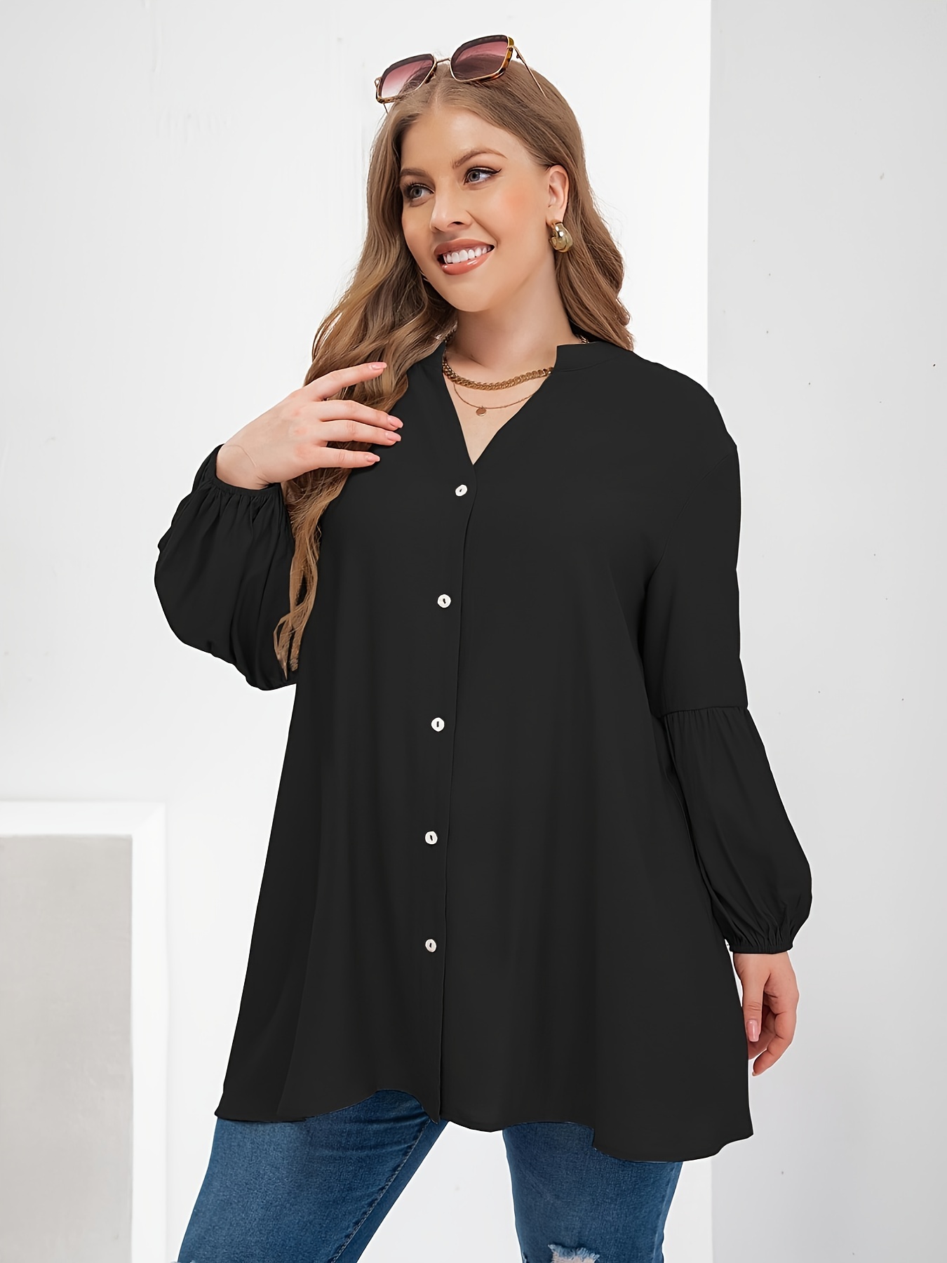 Plus Size Casual Shirt, Women's Plus Plain Long Sleeve Slim Fit Button Up  Tunic Blouse
