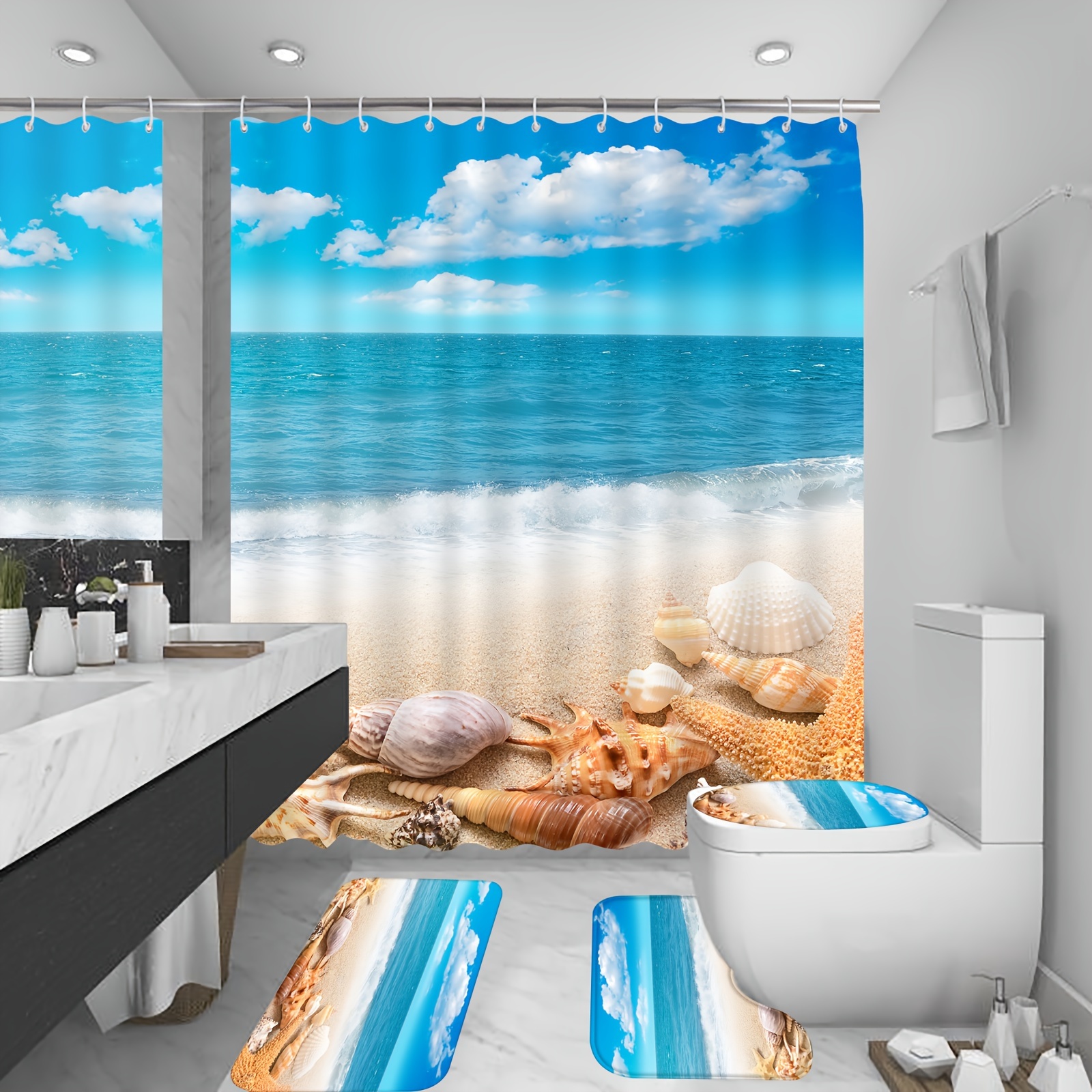 Cheap Beach Shower Curtain Coastal Shower Curtains with Hooks Seashells  Starfish on Teal Blue Bath Curtain Set Ocean Bathroom Decor