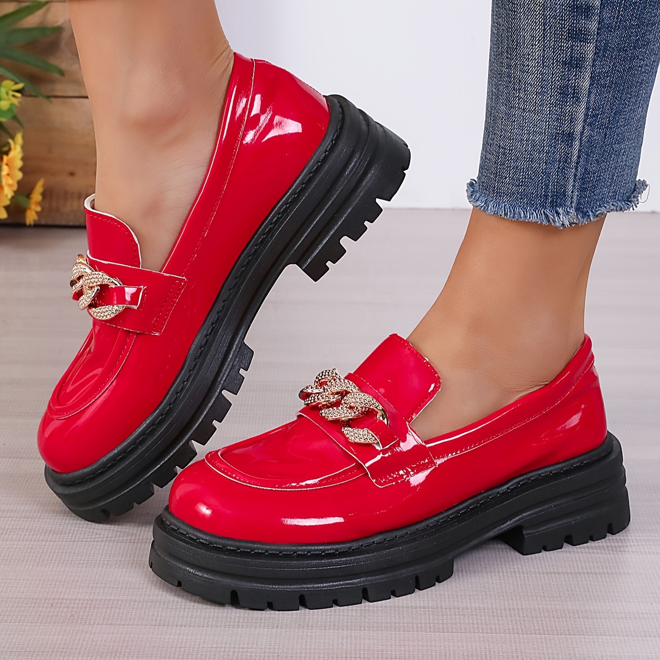 Women's Chain Decor Platform Loafers, Fashion Slip On Shoes, Comfortable  Faux Leather Shoes
