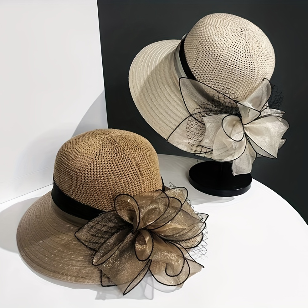 

Stitching Knitted Elegant Bucket Hat Wide Brim Mesh Flower Decor Basin Hat Adjustable Sunshade Fedora For Women