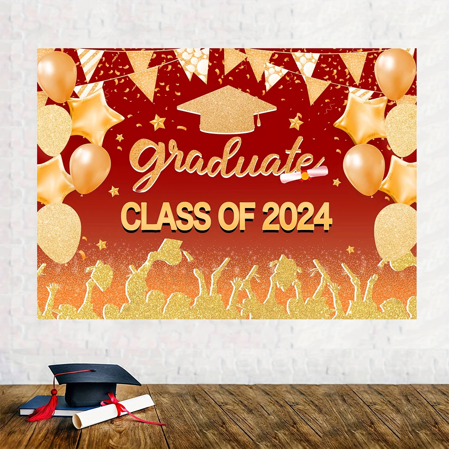 2024 Graduation Banner Rose Red Gold Graduation - Temu