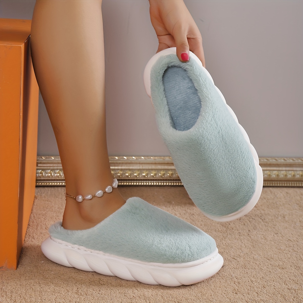 simple platform slippers casual slip plush lined shoes