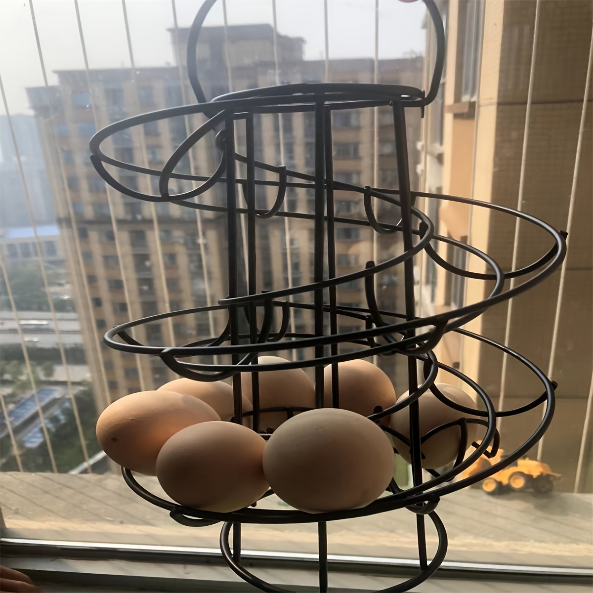 Metal Egg Skelter with Storage Basket, Kitchen Spiral Egg Holder Dispenser  Rack