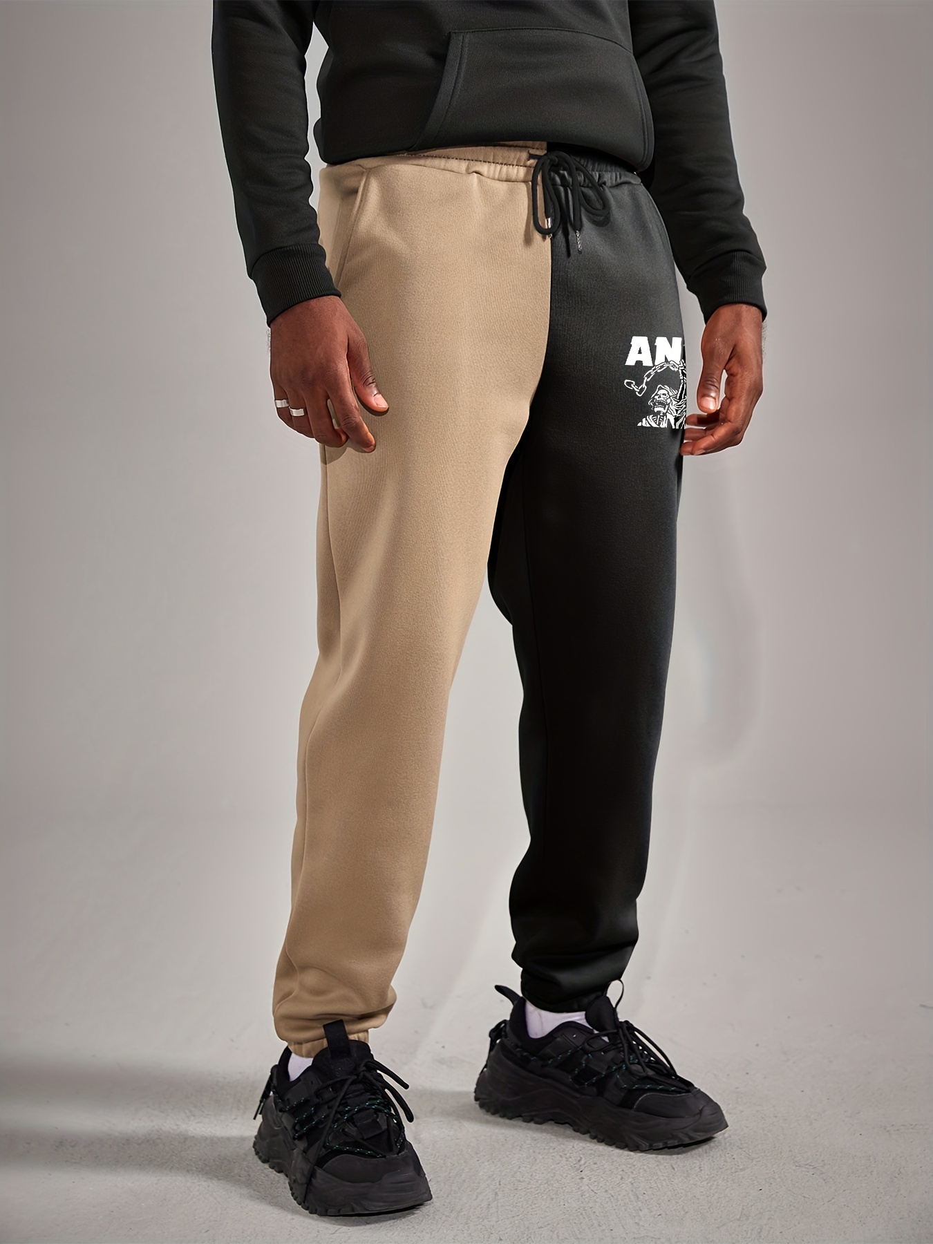 Skull Chain Print, Men's Two Color Splicing Pocket Sweatpants