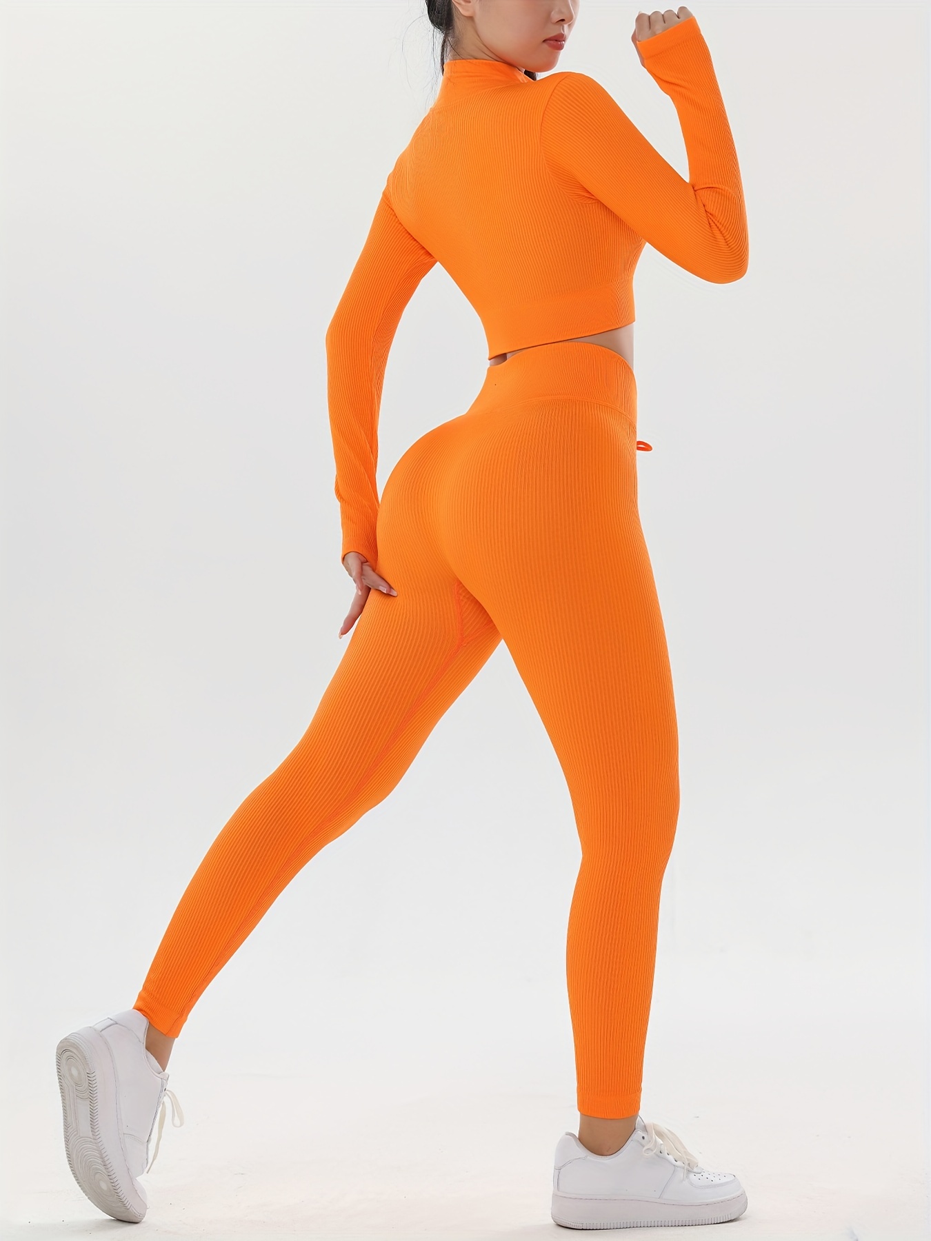 Ribbed Yoga Sports Sets Long Sleeve Solid Color Thumb Hole - Temu