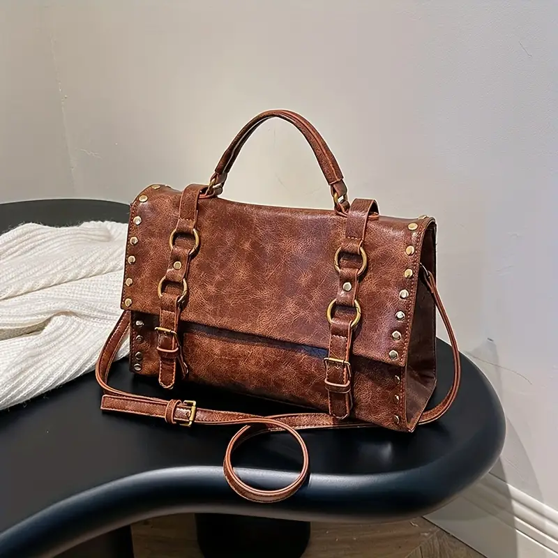 retro rivet decor handbag literary pu leather crossbody bag simple large capacity briefcase bag details 4