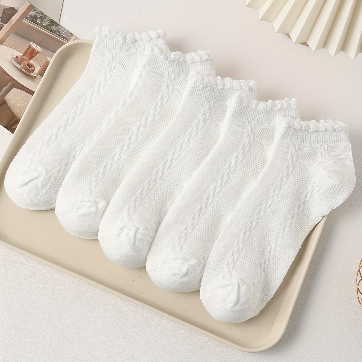 

5 Pairs Simple Solid Socks, Cute Lettuce Trim Low Cut Socks, Women's Stockings & Hosiery