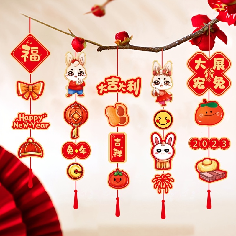 57 Pcs Chinese New Year Ornaments Chinese Pendant with Strings Red Hanging  Ornaments Lucky Character Pendants for Spring Festival Home Office Car Tree