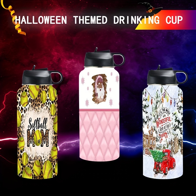 Halloween Sports Water Bottle With 4 Lids And Straws 304 - Temu