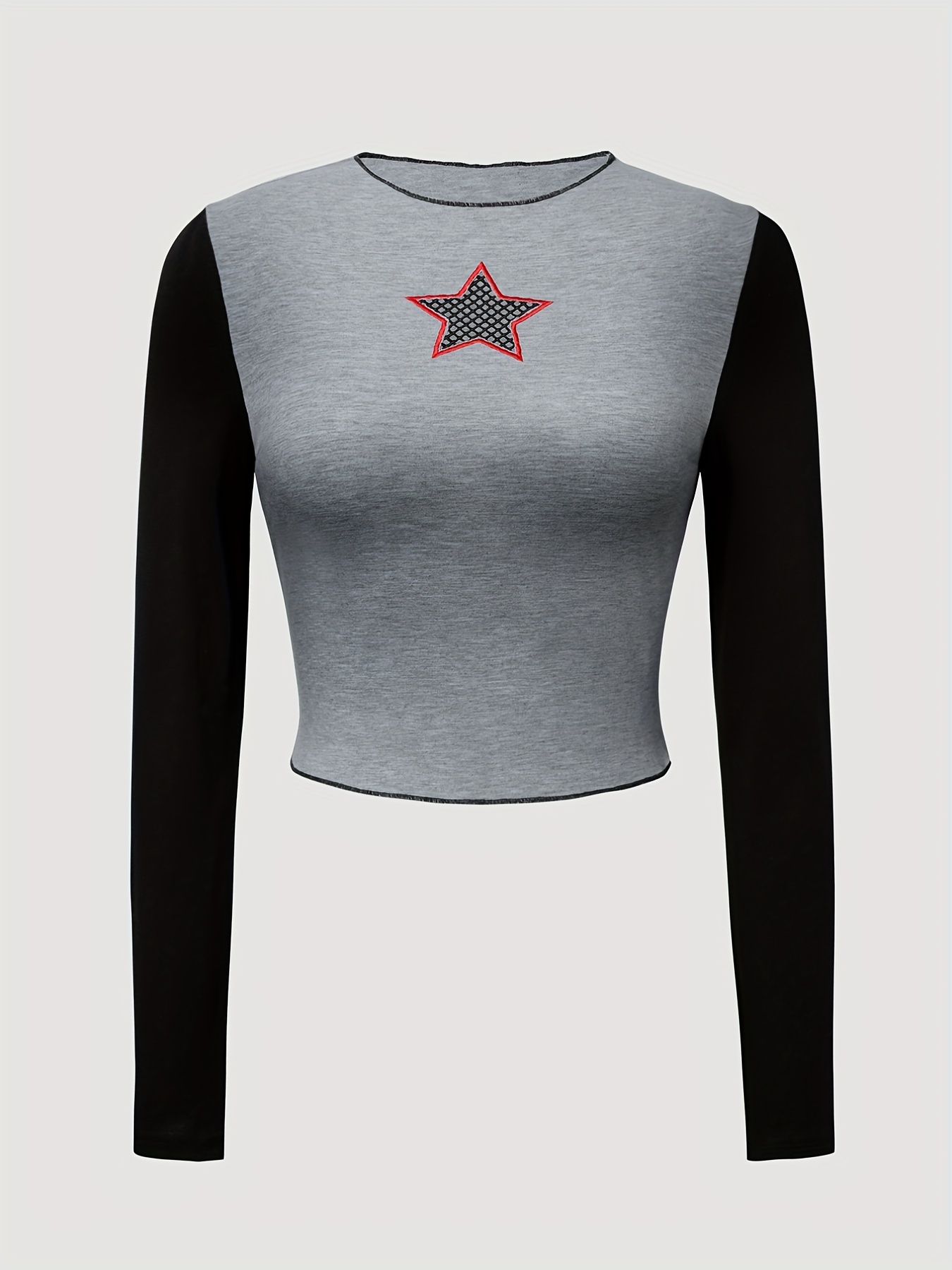 Color Block Star Embroidered T shirt Y2k Long Sleeve Slim T - Temu